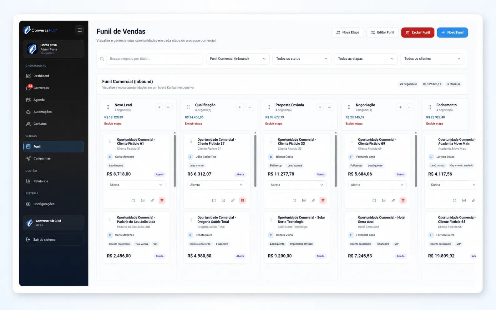 Pipeline Kanban do ConversaHub com oportunidades comerciais organizadas por etapa